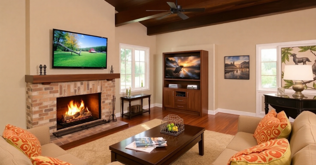 living room with fireplace and tv 