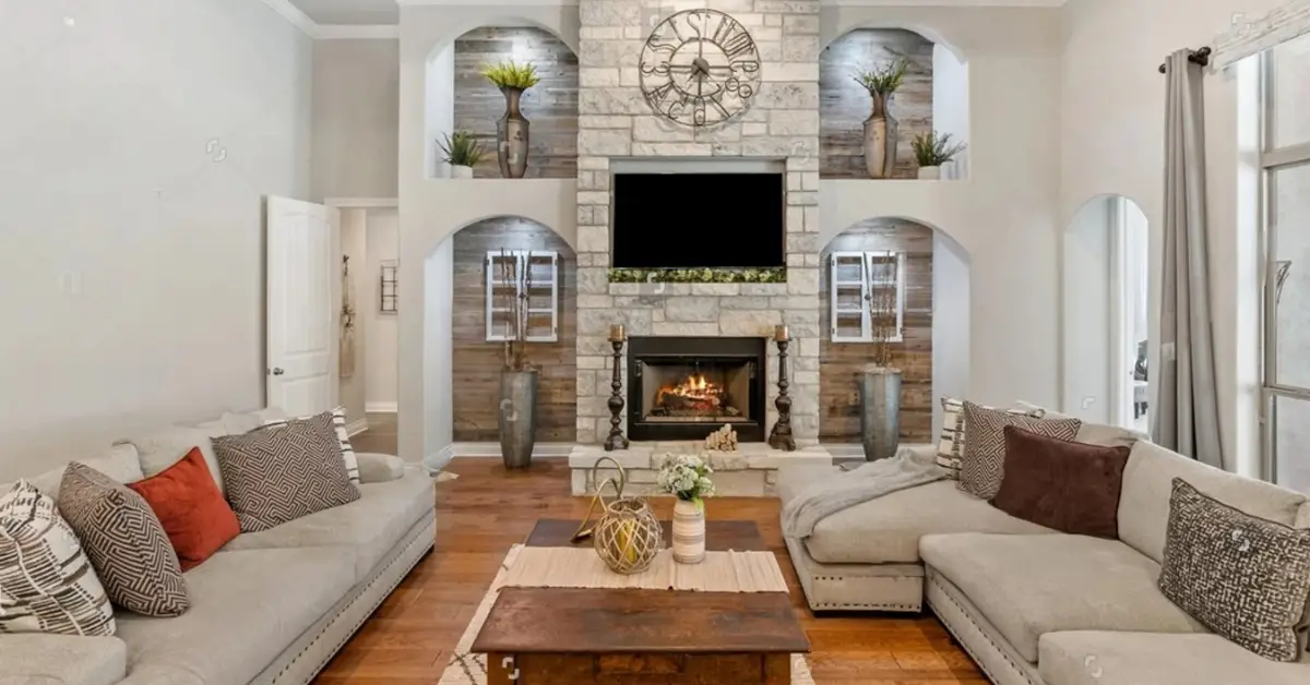 living room with fireplace and tv